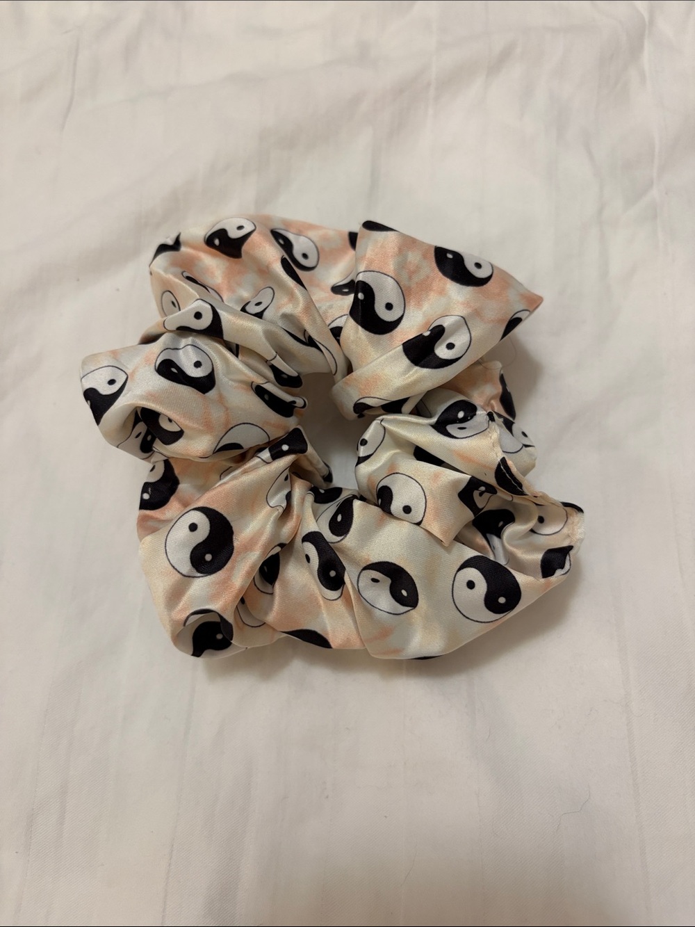 Free People Satin Yin Yang Scrunchie - Black & Cream with Peach Accents